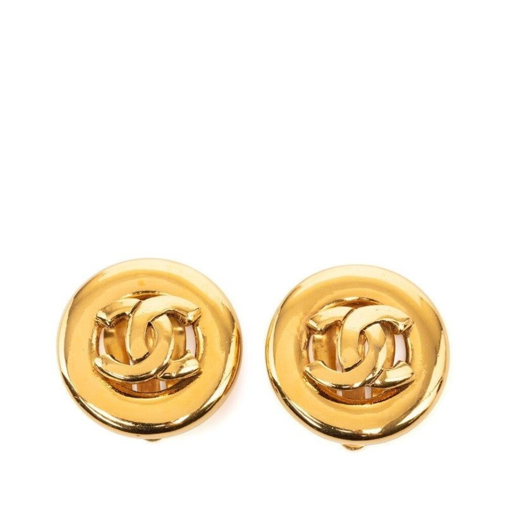 Chanel CC Logo Vintage Round Earrings Gold Plated